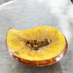 Vintage Mid Century Ceramic RedWare Pottery Ashtray Dish Brown Yellow Drip Glaze